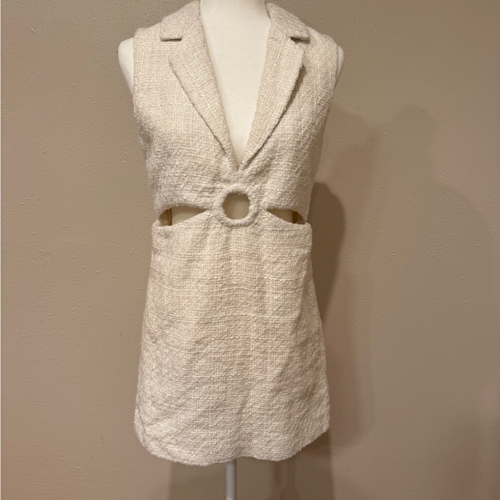 Zara Cream Sleeveless Tweed Mini Dress with Cutout